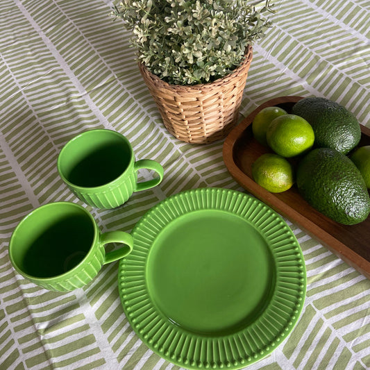 Herringbone Green and White Block Printed Cotton Tablecloth 150 X 220cm