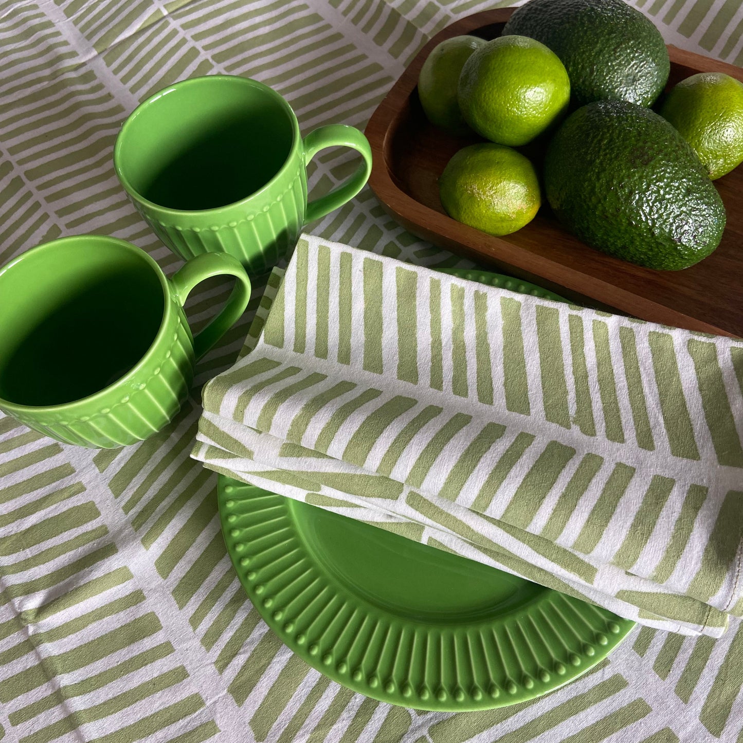 Herringbone Green and White Block Printed Cotton Tablecloth 150 X 220cm