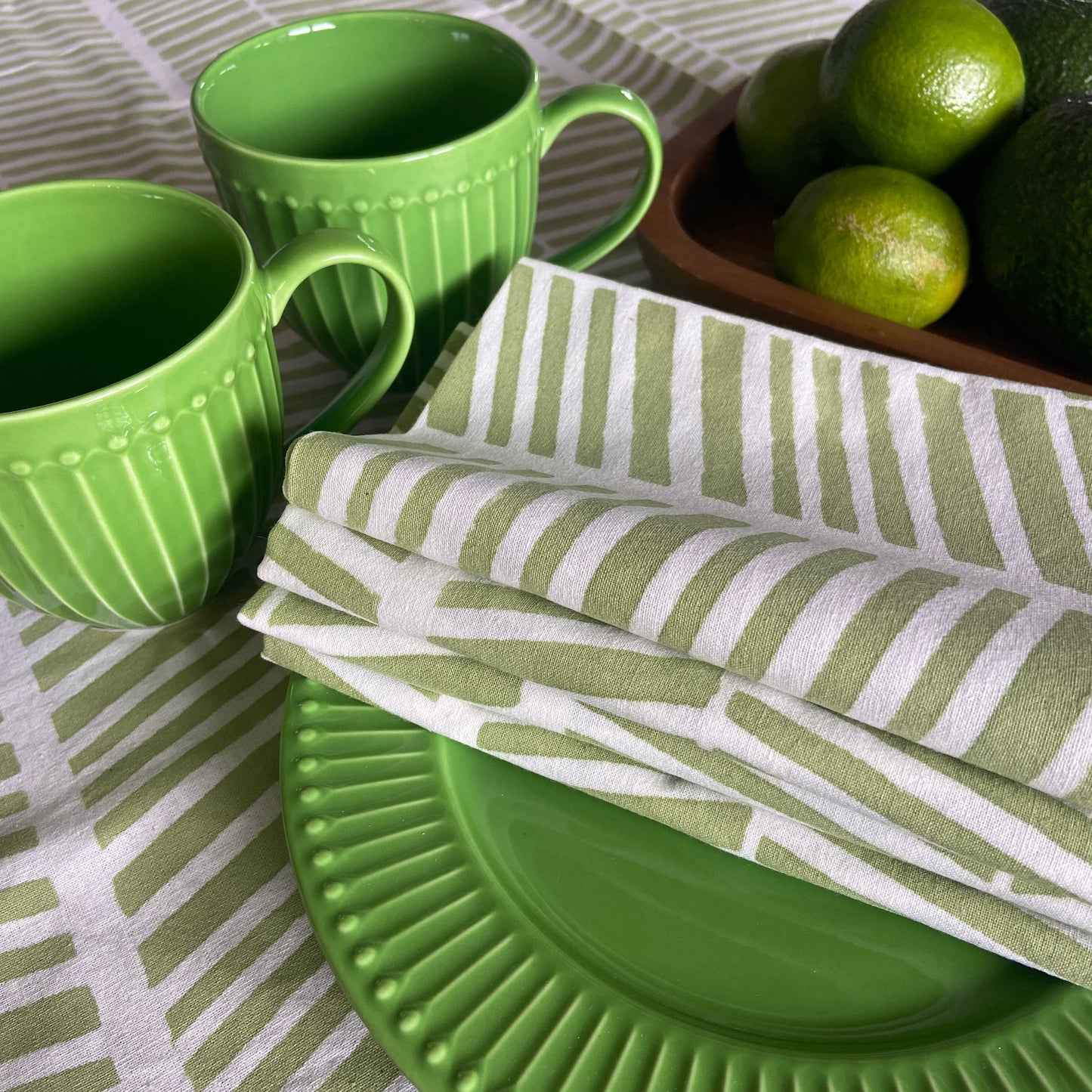 Herringbone Green and White Block Printed Cotton Tablecloth 150 X 220cm