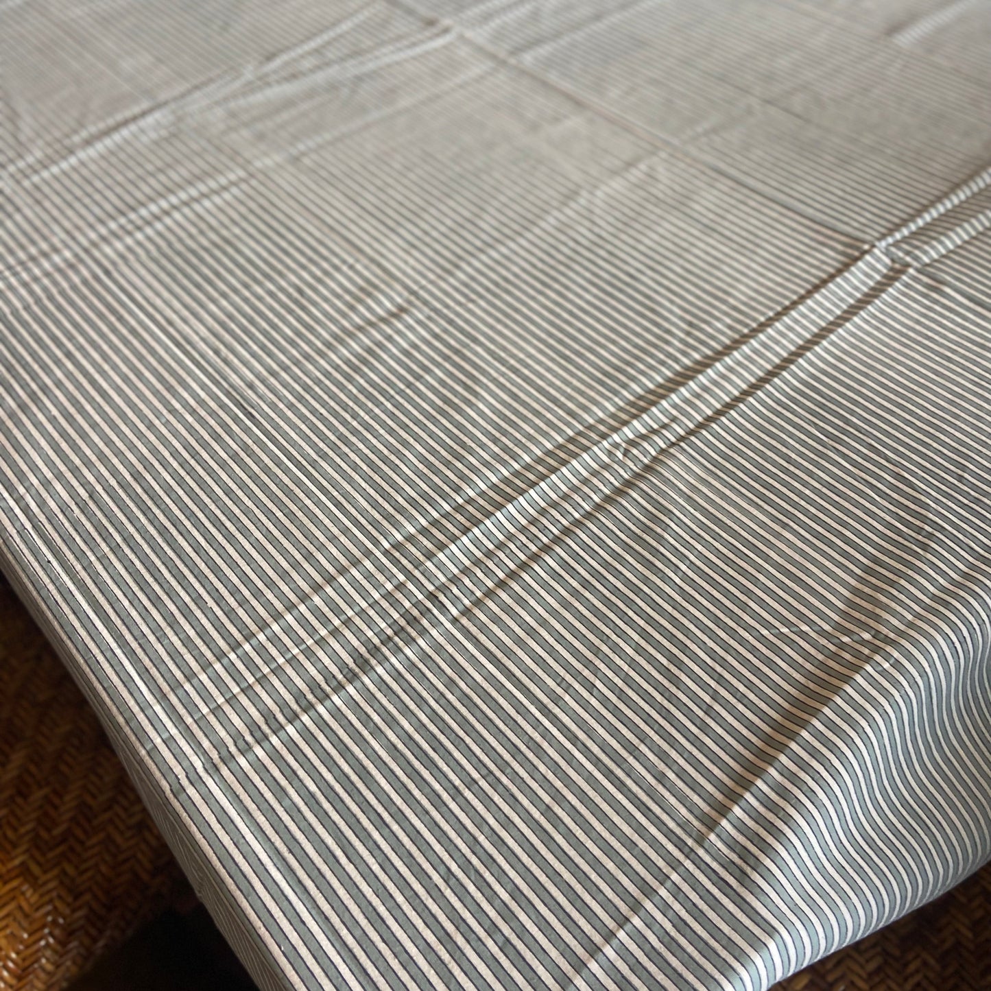 Block Printed Cotton Tablecloth 180 X 270cm Pinstripe grey and white