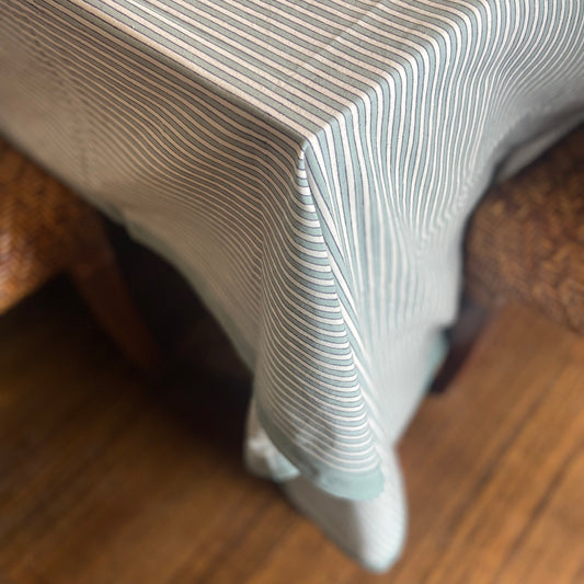 Block Printed Cotton Tablecloth 180 X 270cm Pinstripe grey and white