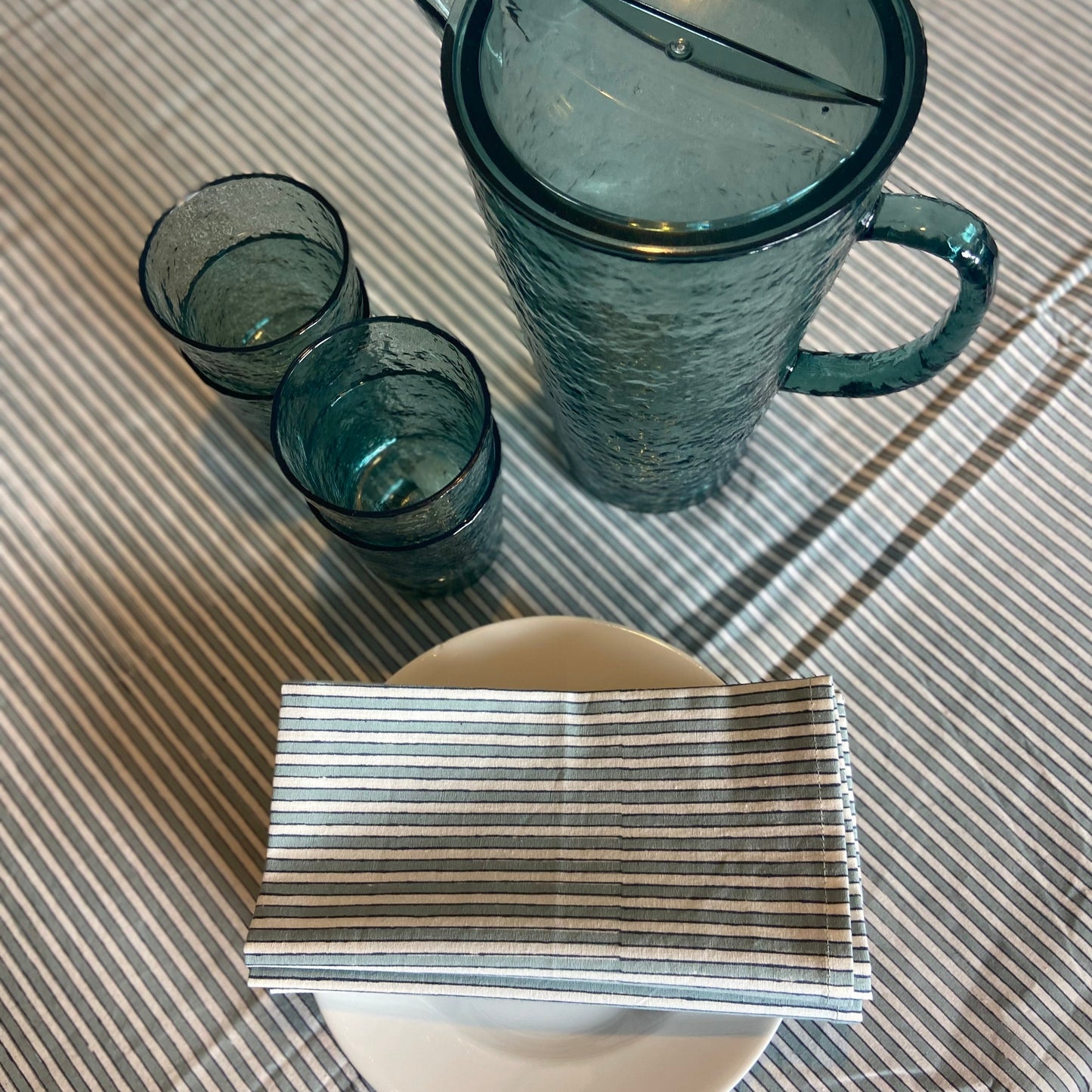 Block Printed Cotton Tablecloth 180 X 270cm Pinstripe grey and white