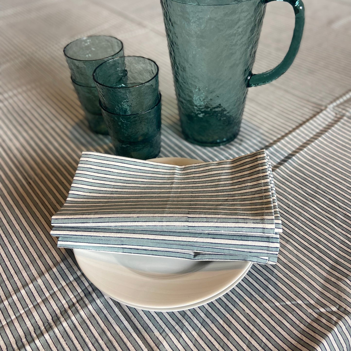 Block Printed Cotton Tablecloth 180 X 270cm Pinstripe grey and white