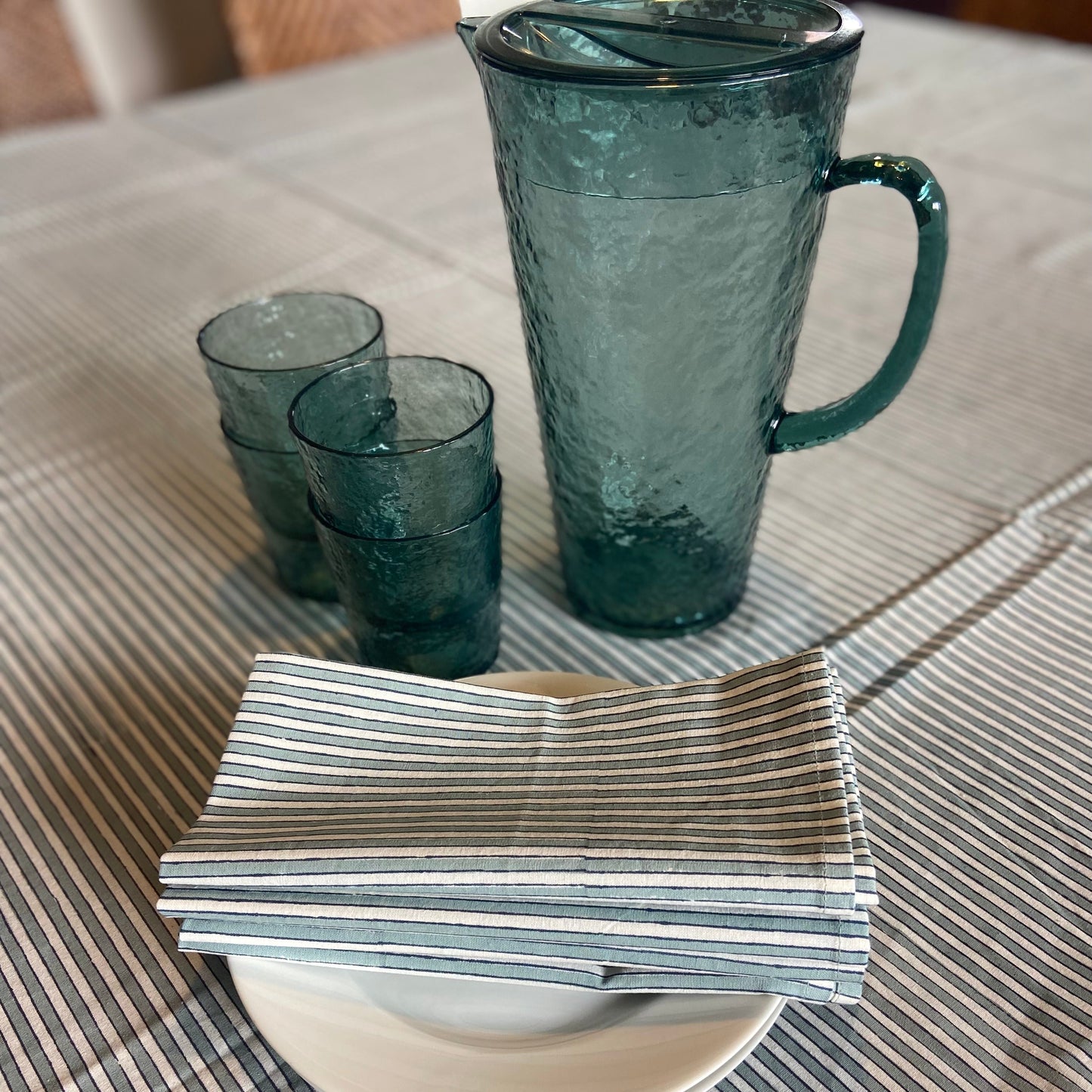 Block Printed Cotton Napkin Pinstripe blue and grey