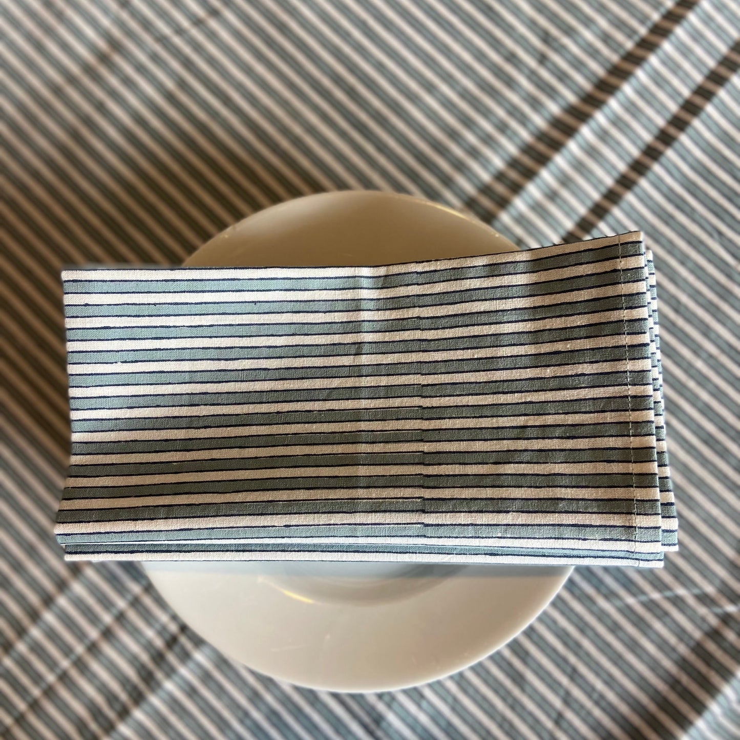 Block Printed Cotton Napkin Pinstripe blue and grey
