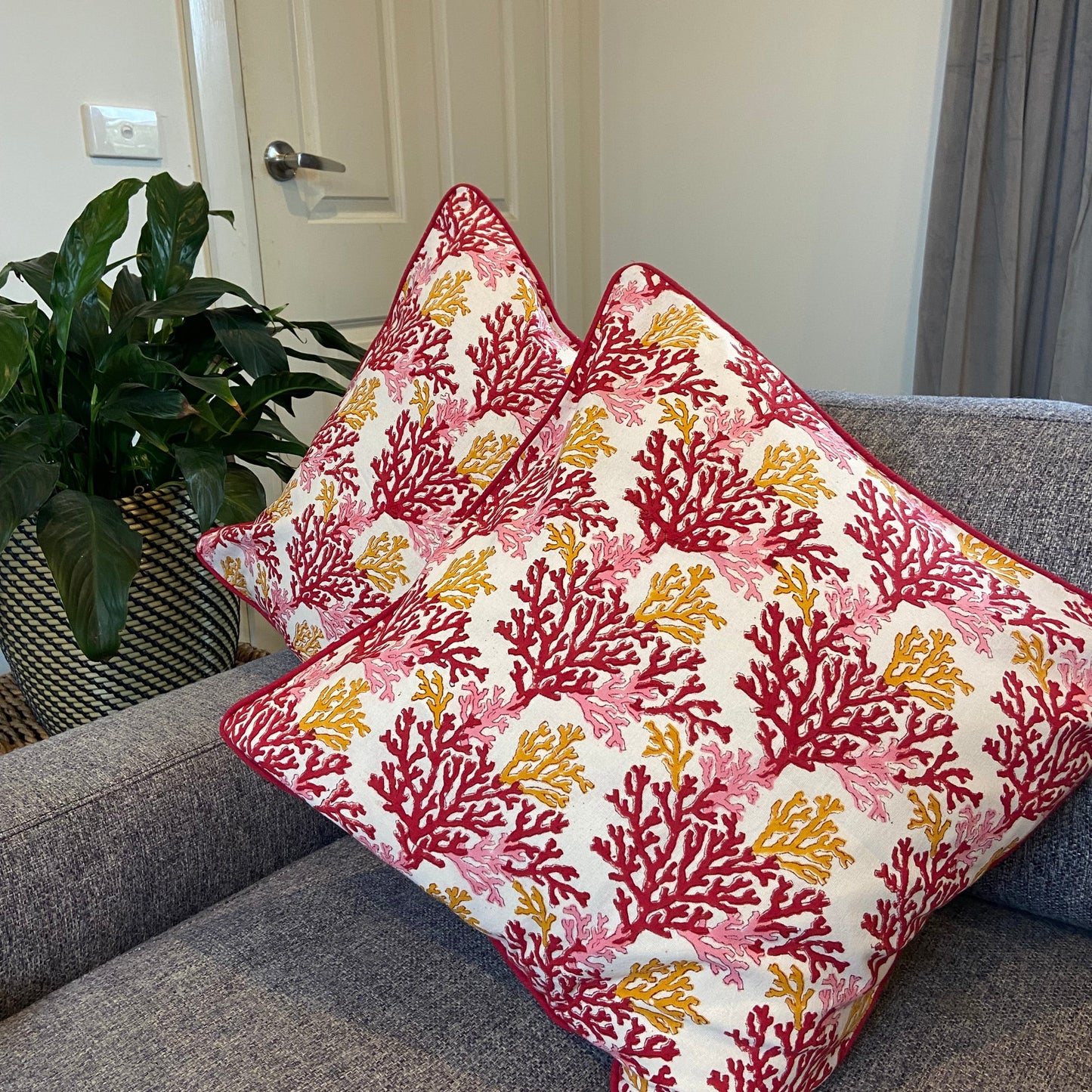 Red Coral Cotton Cushion Cover with piping (50 X 50cm)