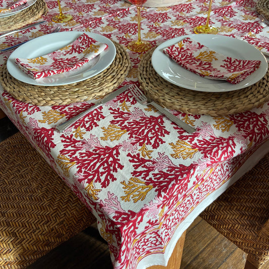 Block Printed Cotton Table Cloth Mulit Red Coral