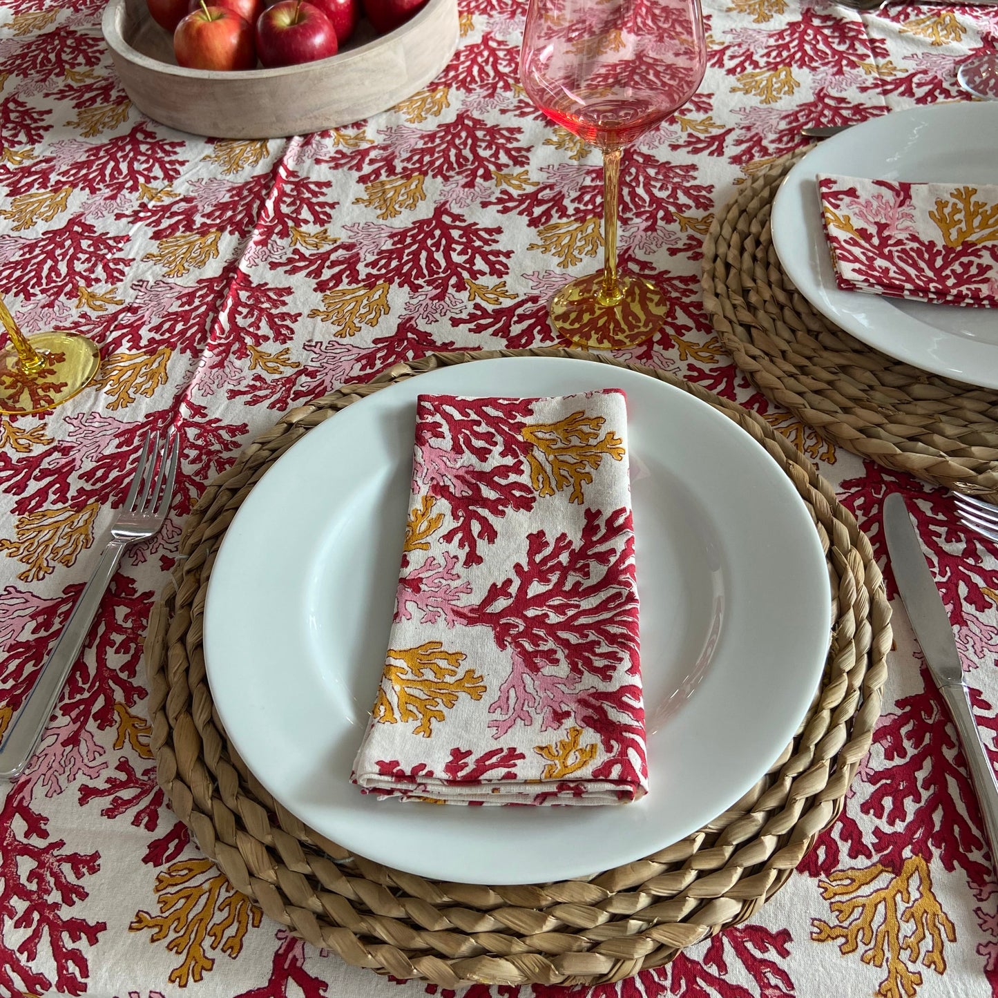 Block Printed Cotton Table Cloth Mulit Red Coral