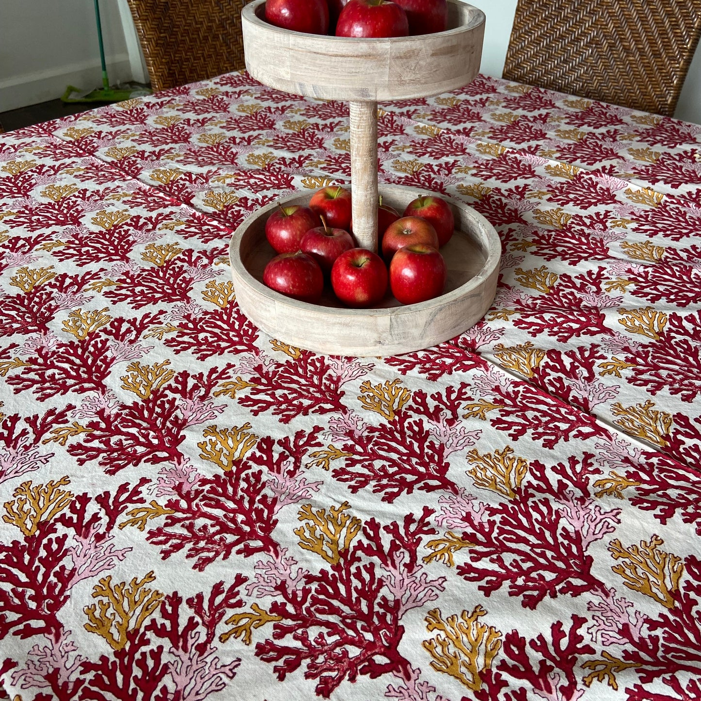 Block Printed Cotton Table Cloth Mulit Red Coral