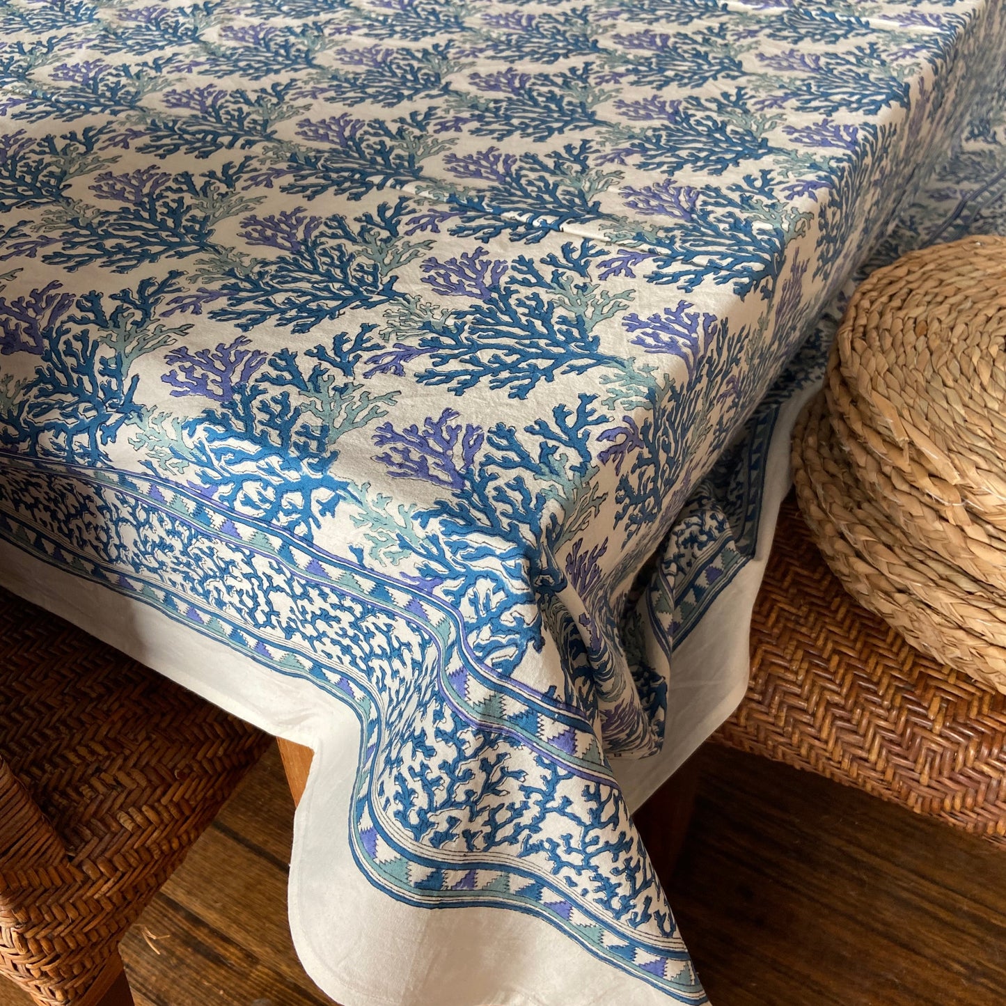 Block Printed Cotton Table Cloth Blue coral (180cm x 340cm)