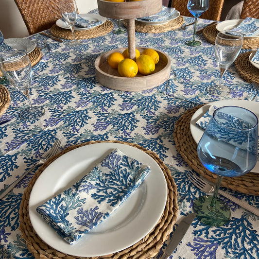 Block Printed Cotton Table Cloth Blue coral (180cm x 340cm)