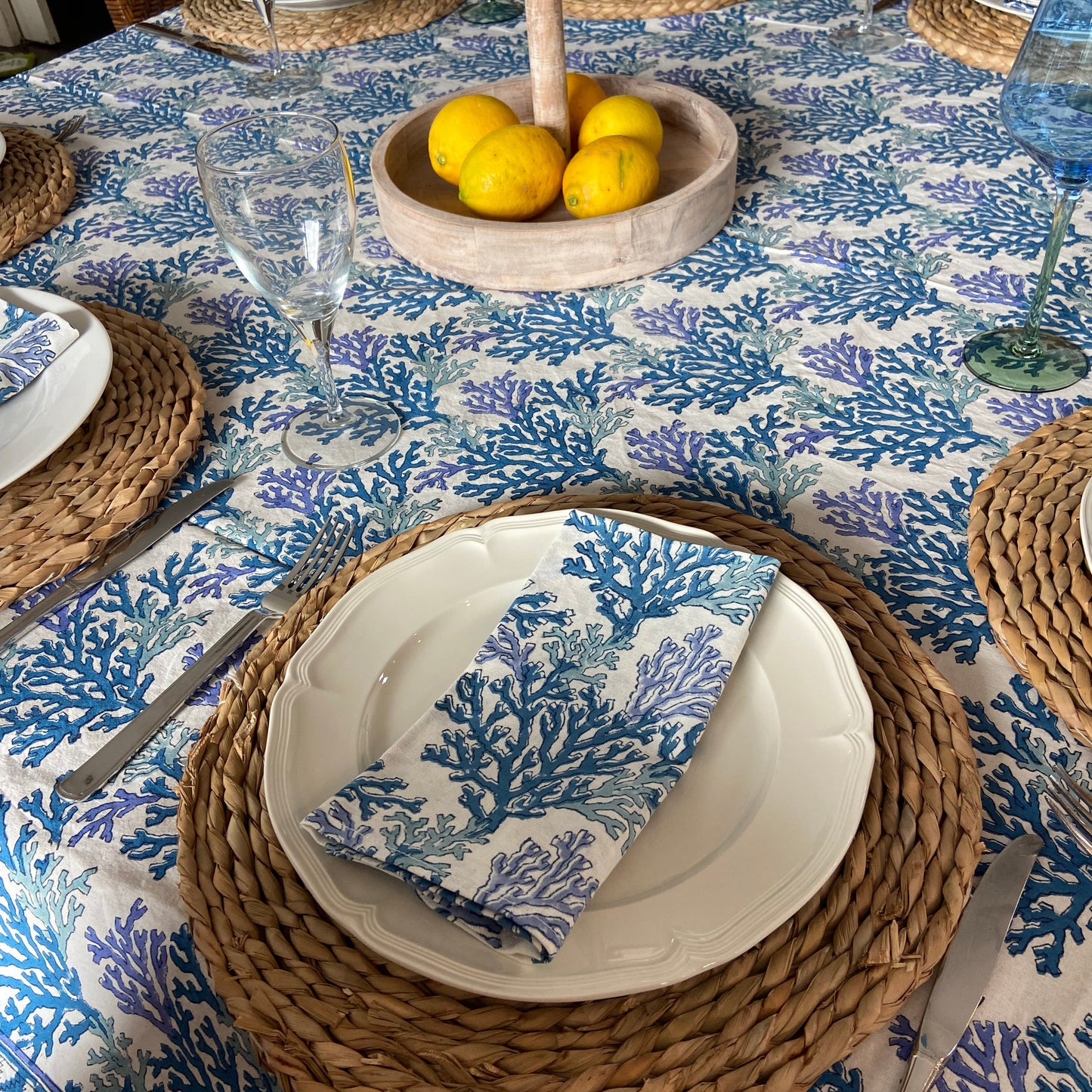 Block Printed Cotton Table Cloth Blue coral (180cm x 340cm)