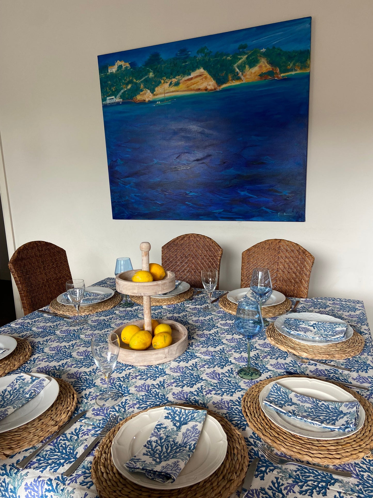Block Printed Cotton Table Cloth Blue coral (180cm x 340cm)