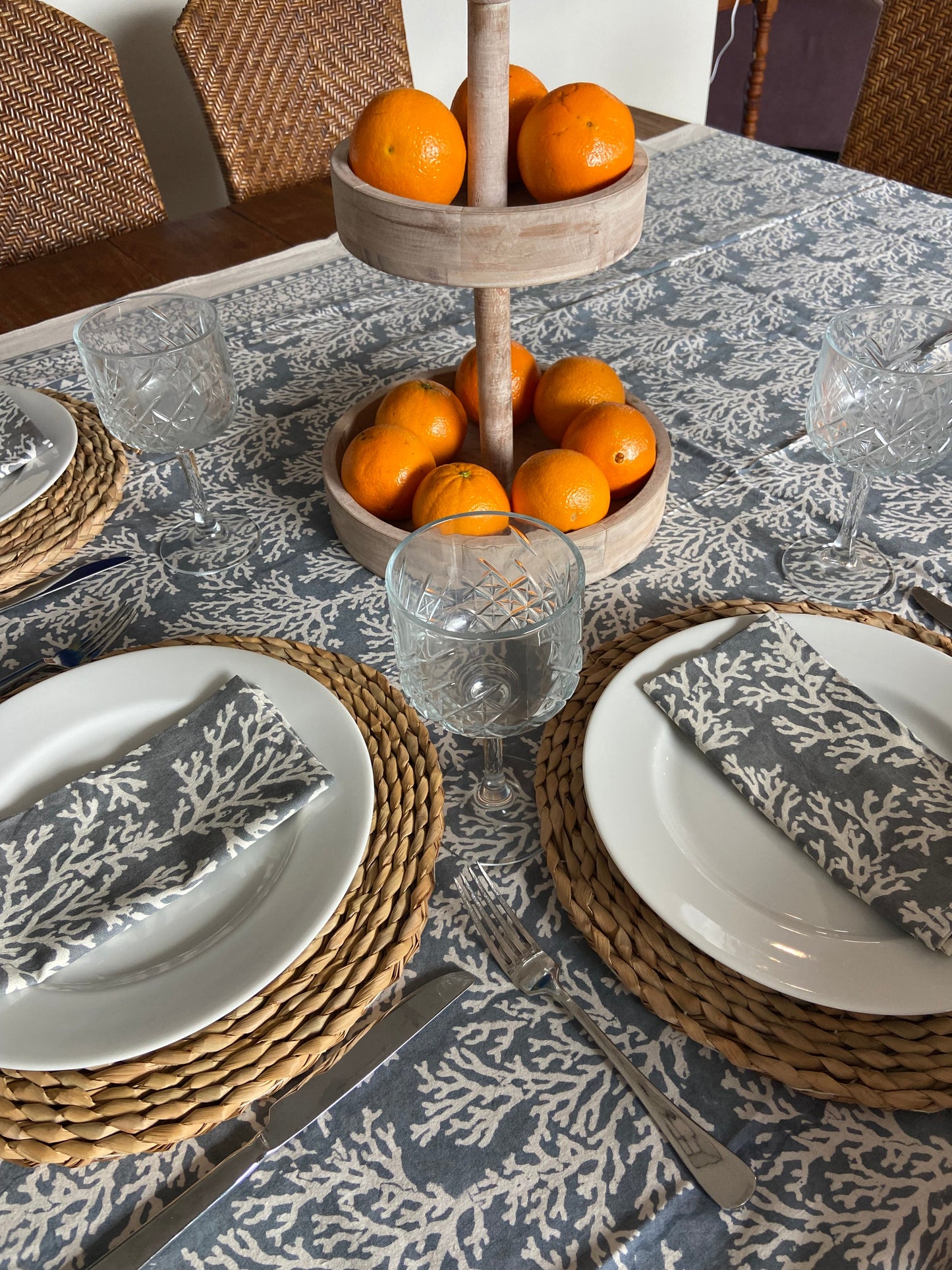 Block Printed Cotton Tablecloth 150 X 220cm Ashley Grey