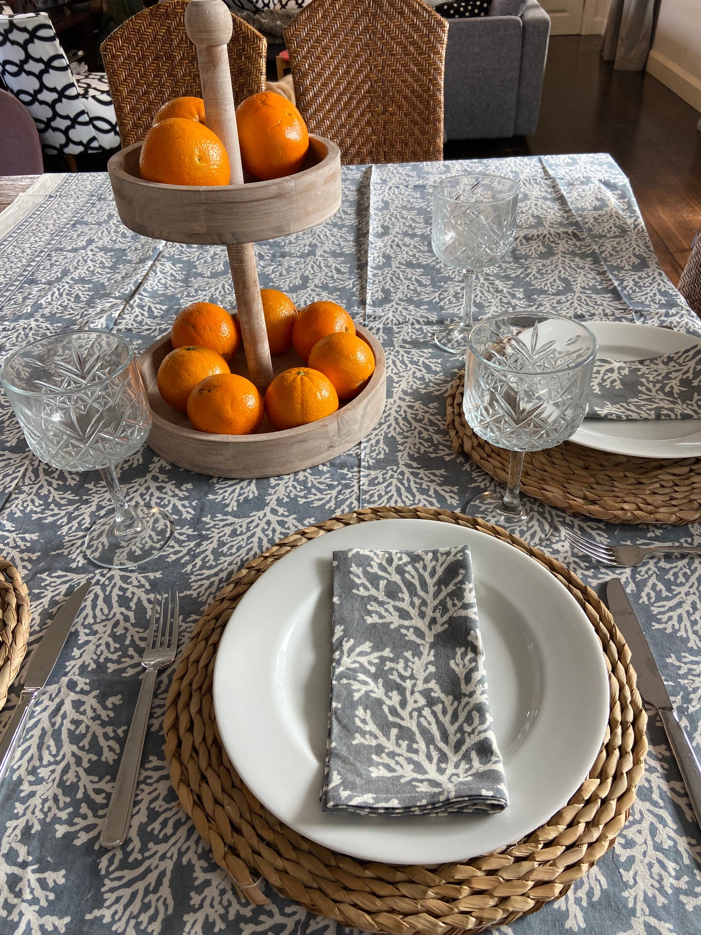 Block Printed Cotton Tablecloth 150 X 220cm Ashley Grey