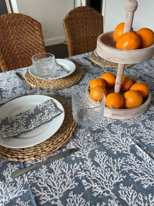 Block Printed Cotton Tablecloth 150 X 220cm Ashley Grey