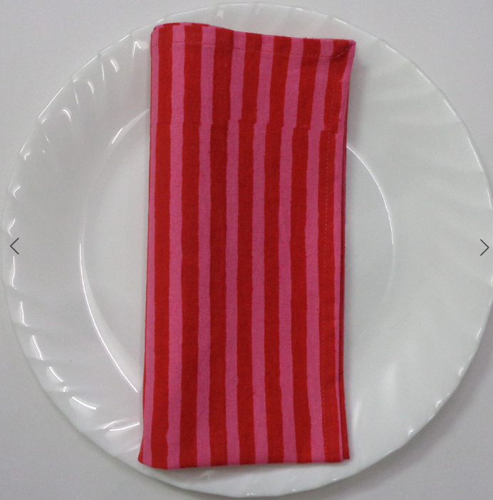 Hand Block Printed Cotton Napkin (pink and red stripe)