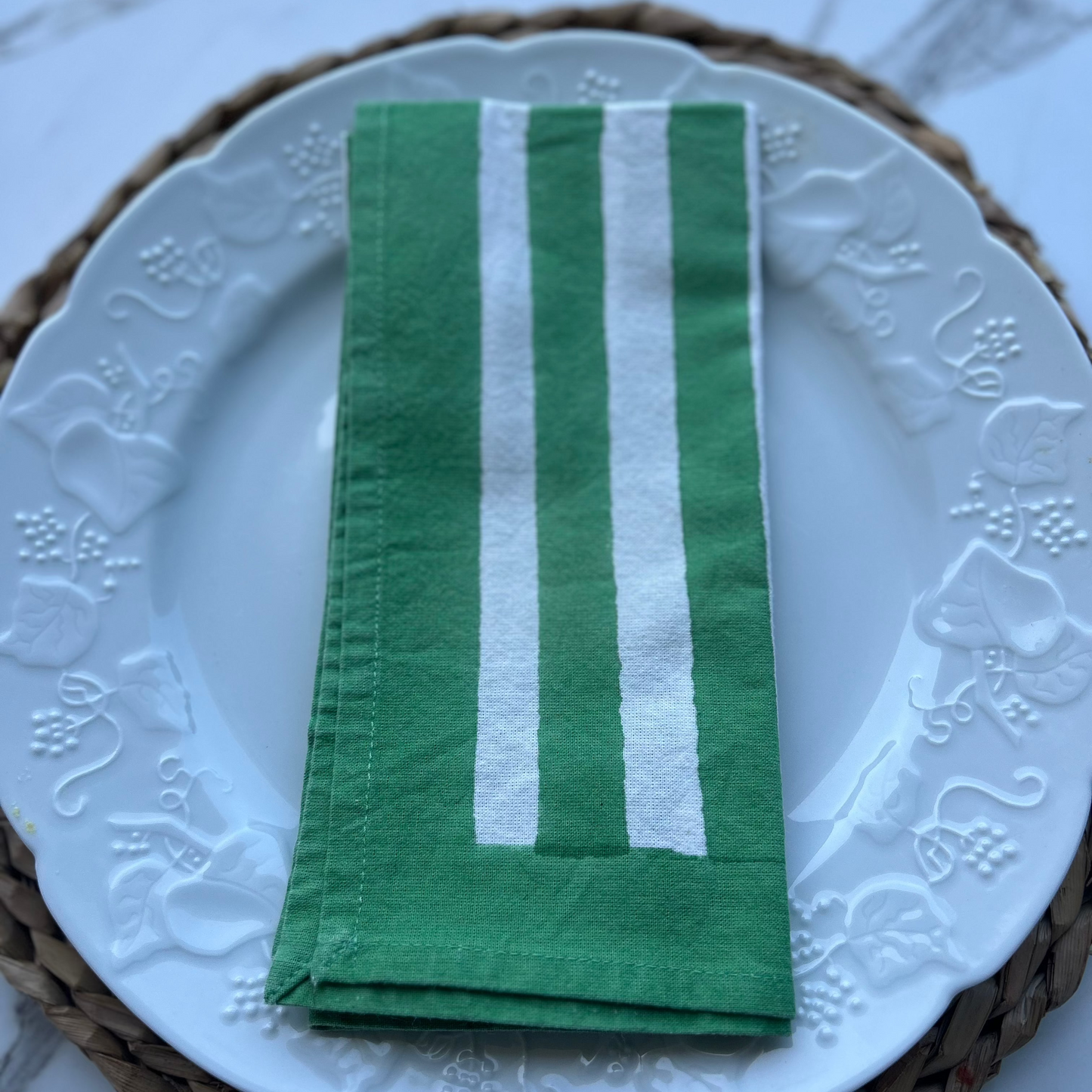 Block Printed Cotton Green Grass wide striped napkin