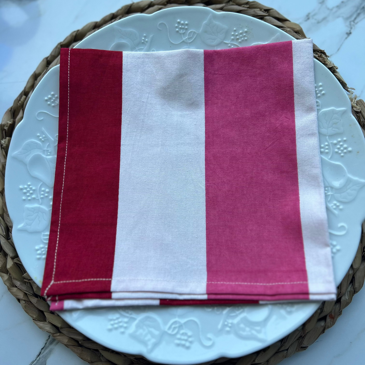 Block printed wide striped pink and red cotton napkins