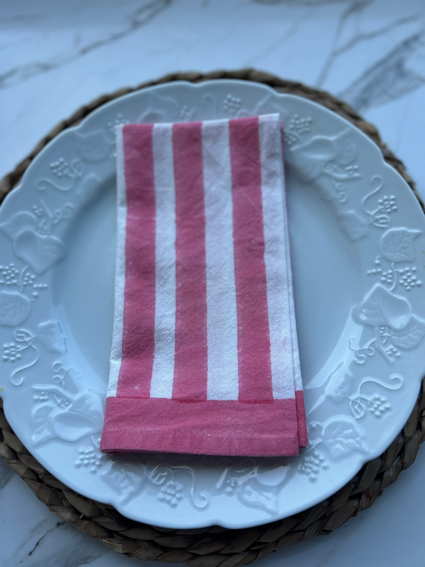 Block printed wide striped pink cotton napkins