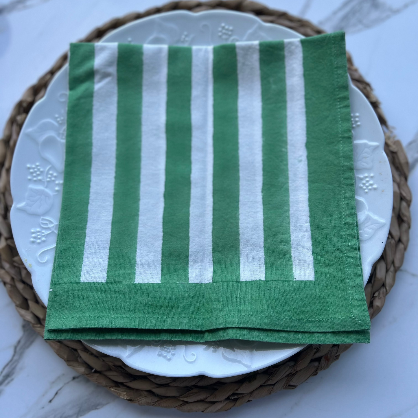 Block Printed Cotton Green Grass wide striped napkin