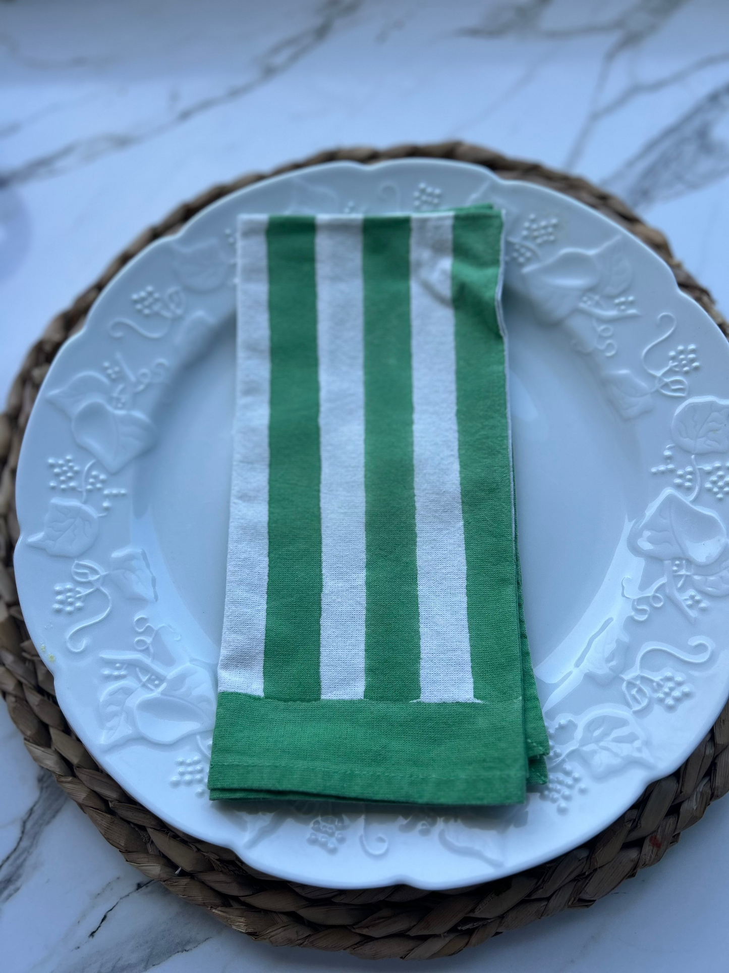 Block Printed Cotton Green Grass wide striped napkin