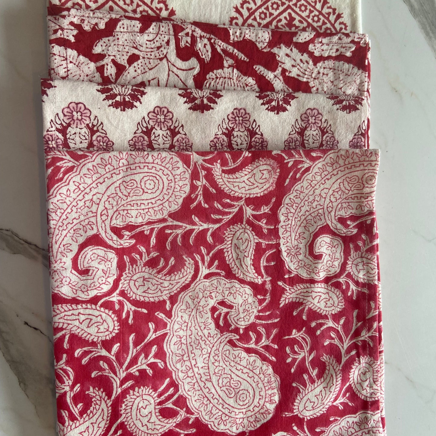 Block Printed Cotton Napkin Festive red, white and raspberry