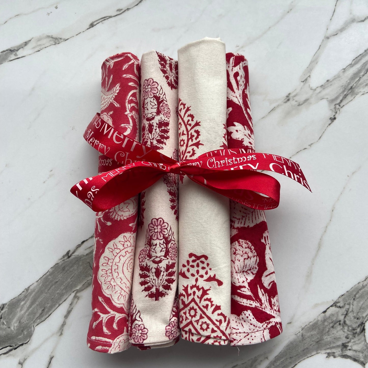 Block Printed Cotton Napkin Festive red, white and raspberry