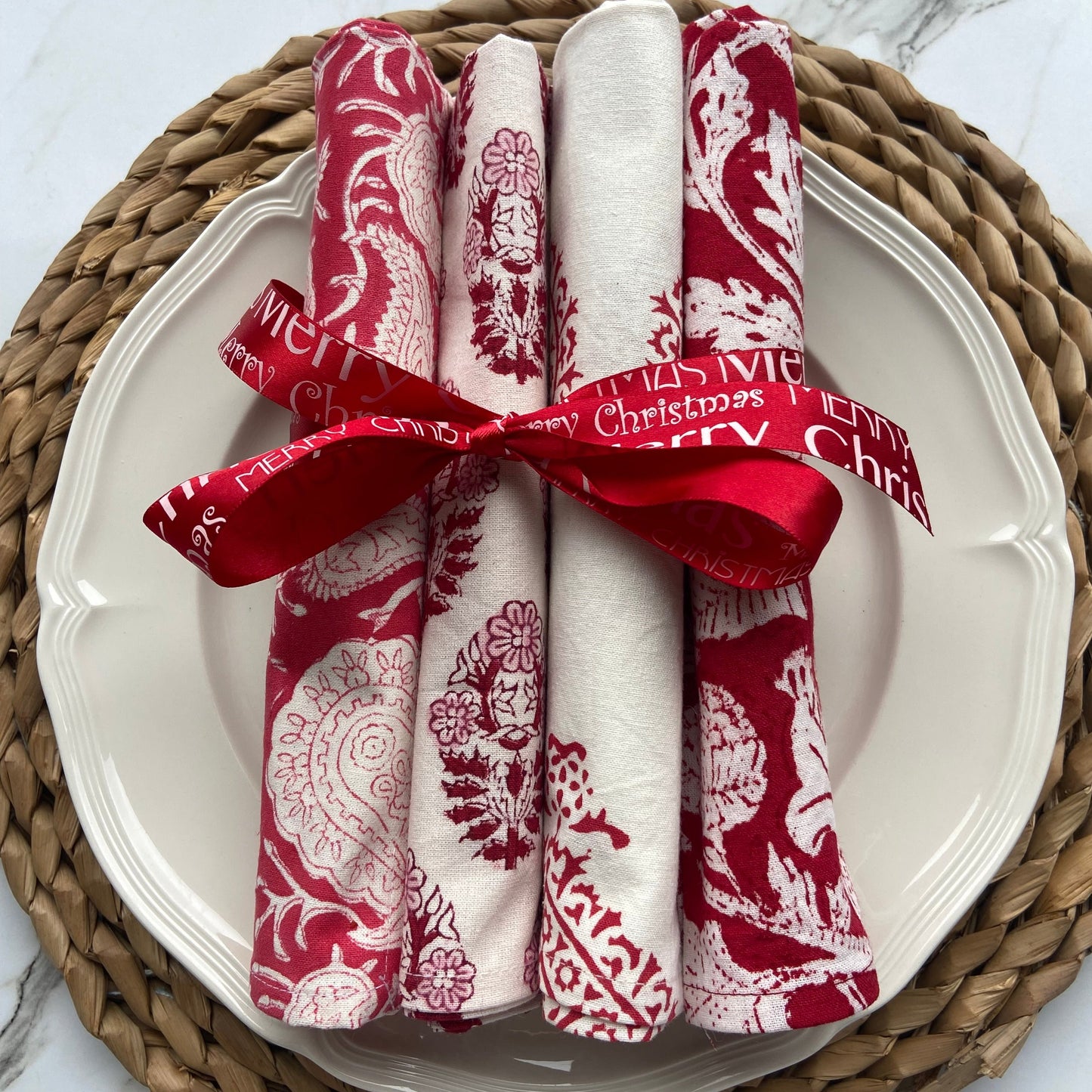 Block Printed Cotton Napkin Festive red, white and raspberry