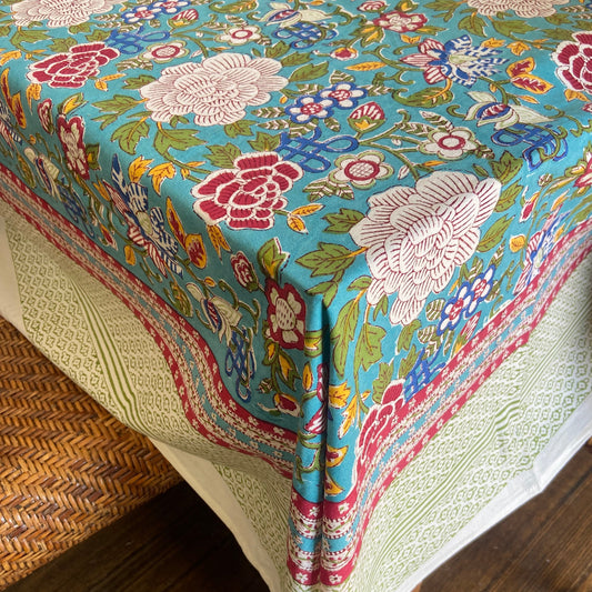 Block Printed Cotton Table Cloth Floral Canvas Blue Jade (220cm x 220cm)
