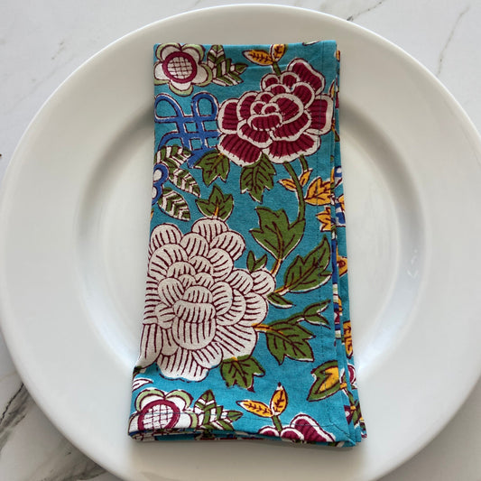 Block Printed Cotton Napkin Floral Blue Jade