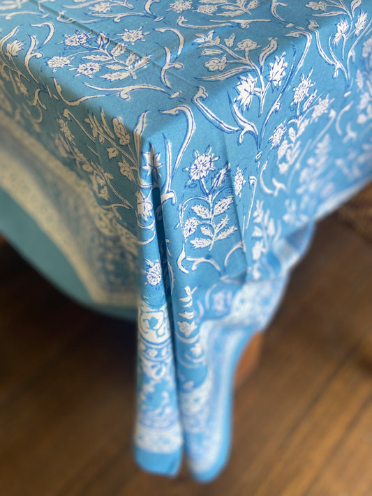 Block Printed Cotton Table Cloth Blue Vine Leaf Alaskan (180cm x 270cm)