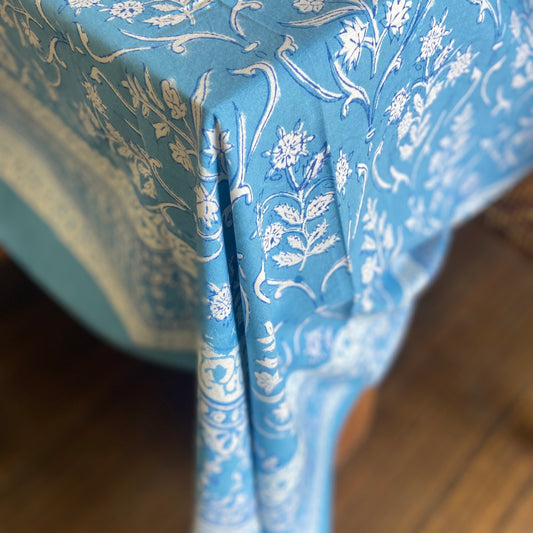 Block Printed Cotton Table Cloth Blue Vine Leaf Alaskan (180cm x 270cm)