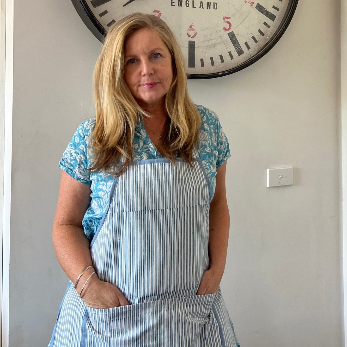 Apron Pinstripe Blue and Grey Block Printed Cotton