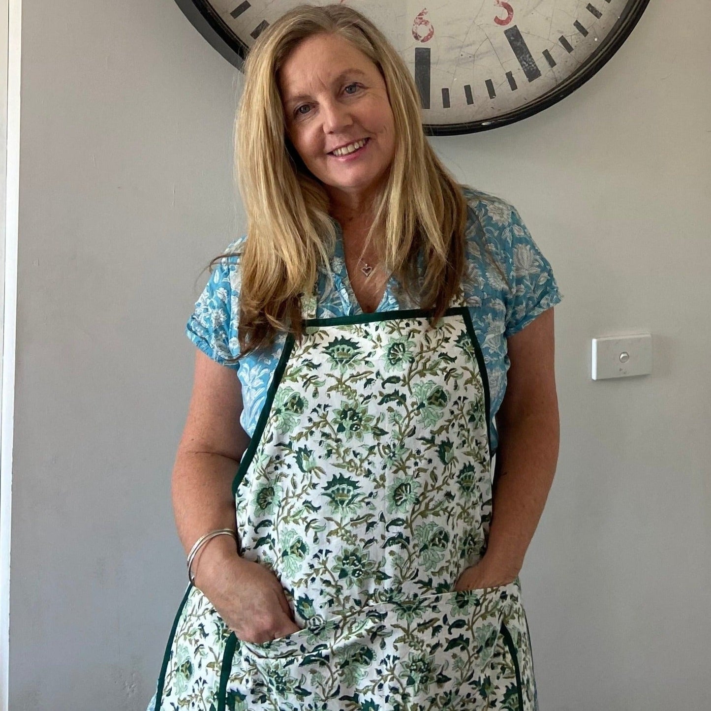 Apron Floral Green Block Printed Cotton