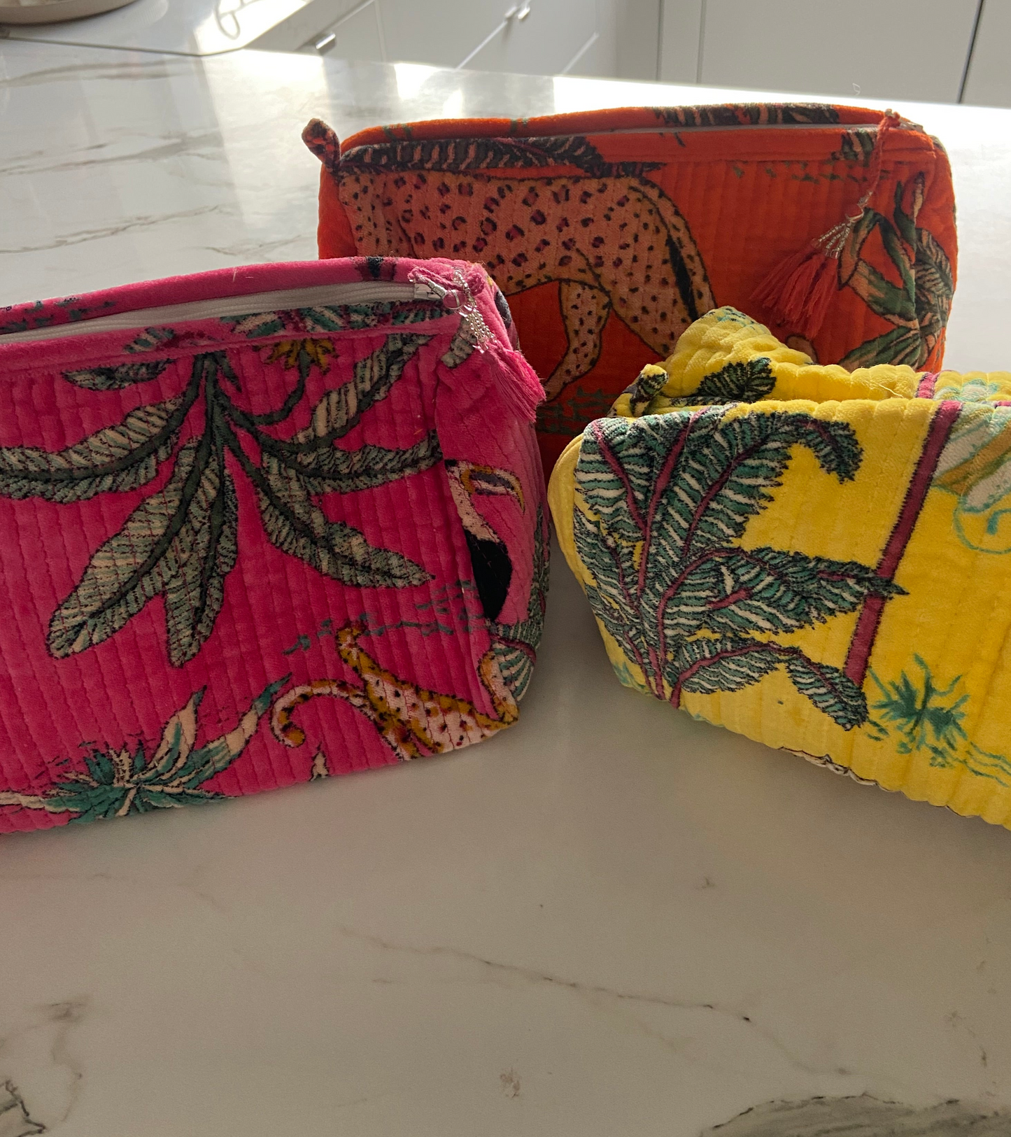 Block printed velvet cosmetic bag