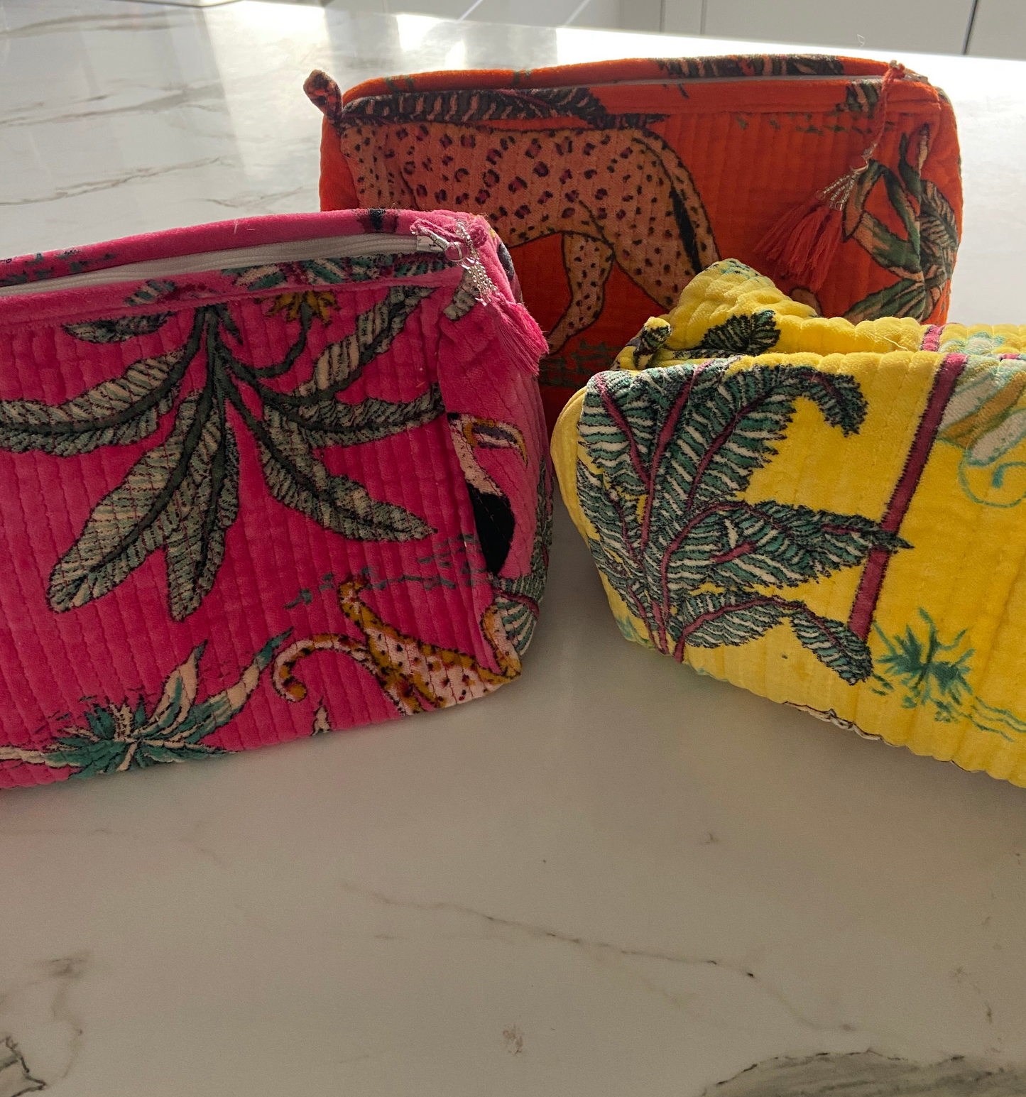 Block printed velvet cosmetic bag