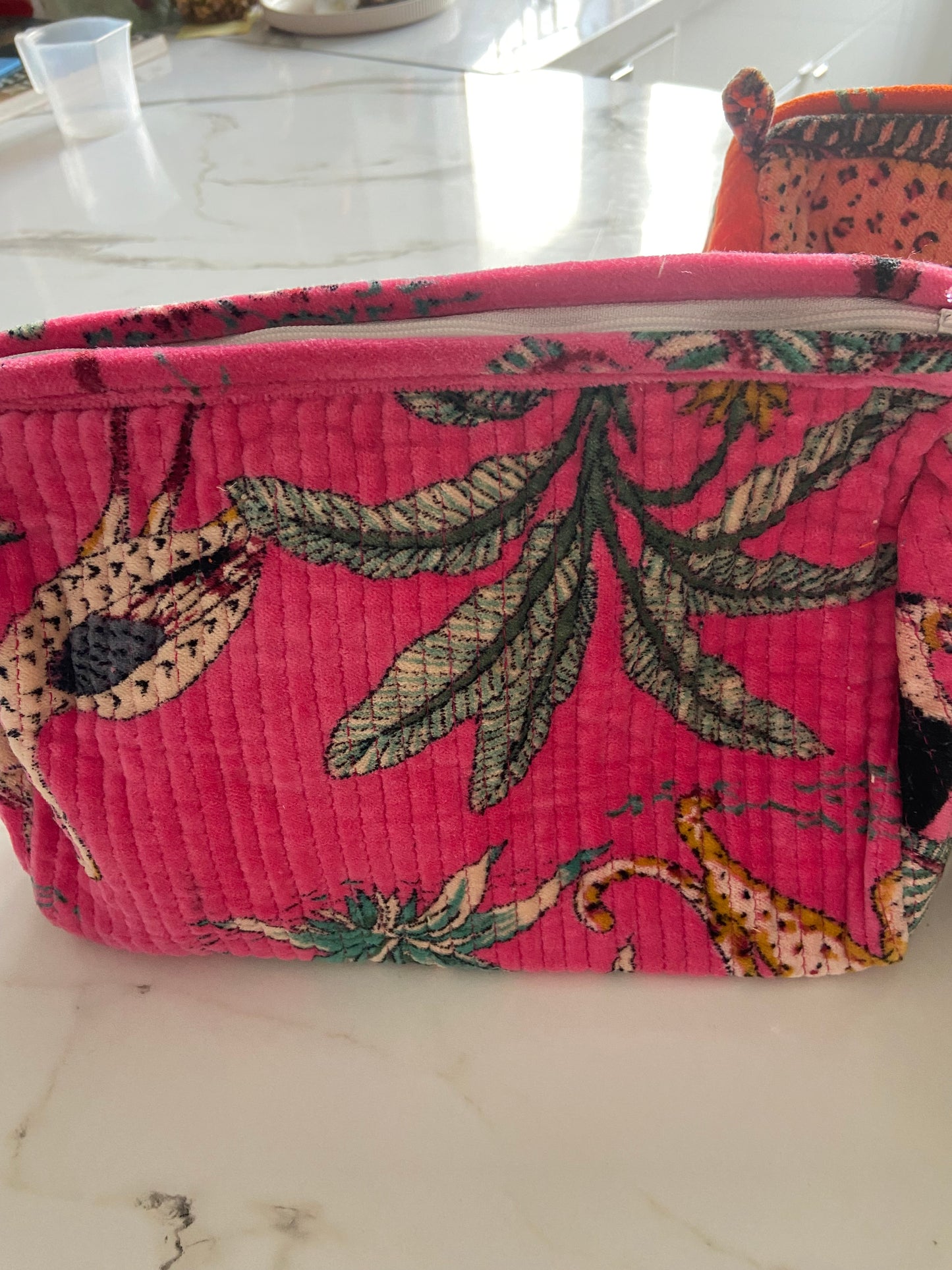 Block printed velvet cosmetic bag