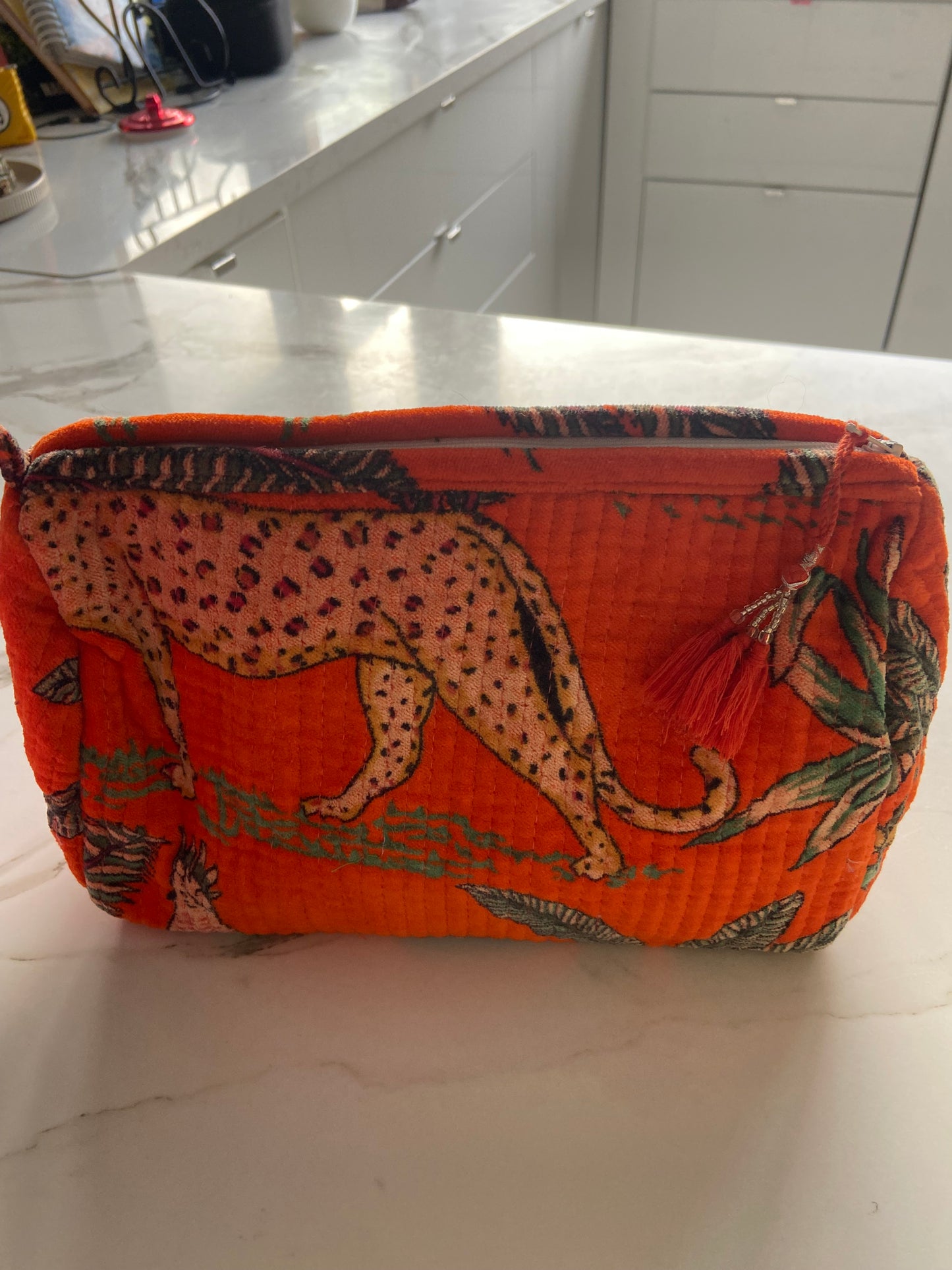 Block printed velvet cosmetic bag