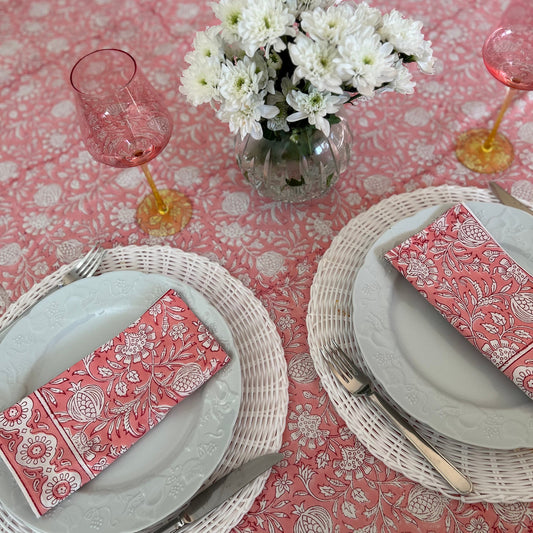 Jaipur Pink and White floral block print table cloth