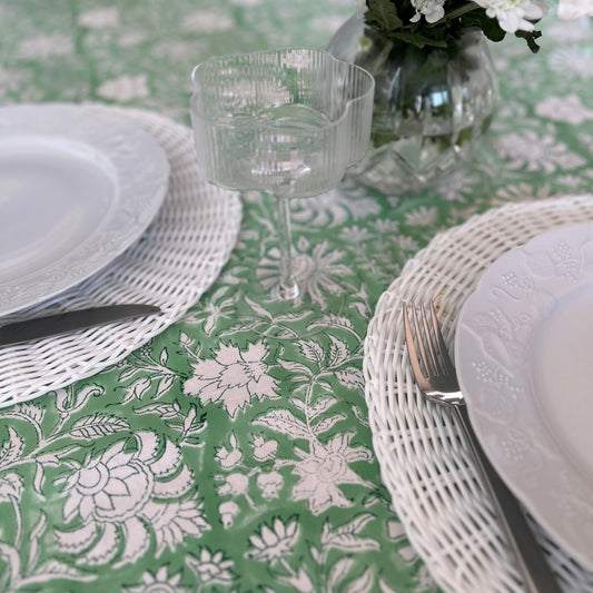 Jaipur Green and White floral block print table cloth