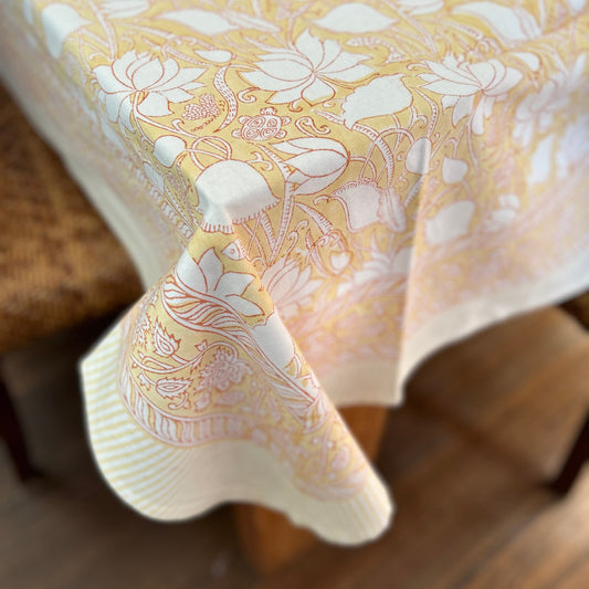 Jaipur Yellow and White floral block print table cloth