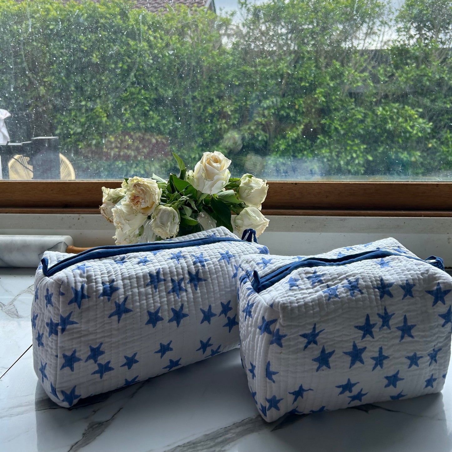Block printed travel bags, blue stars and blue floral  ( 2 pack)