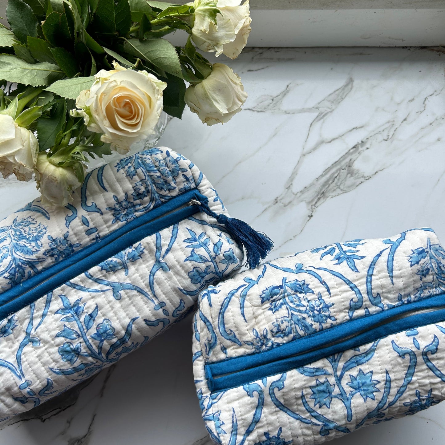 Block printed travel bags, blue stars and blue floral  ( 2 pack)