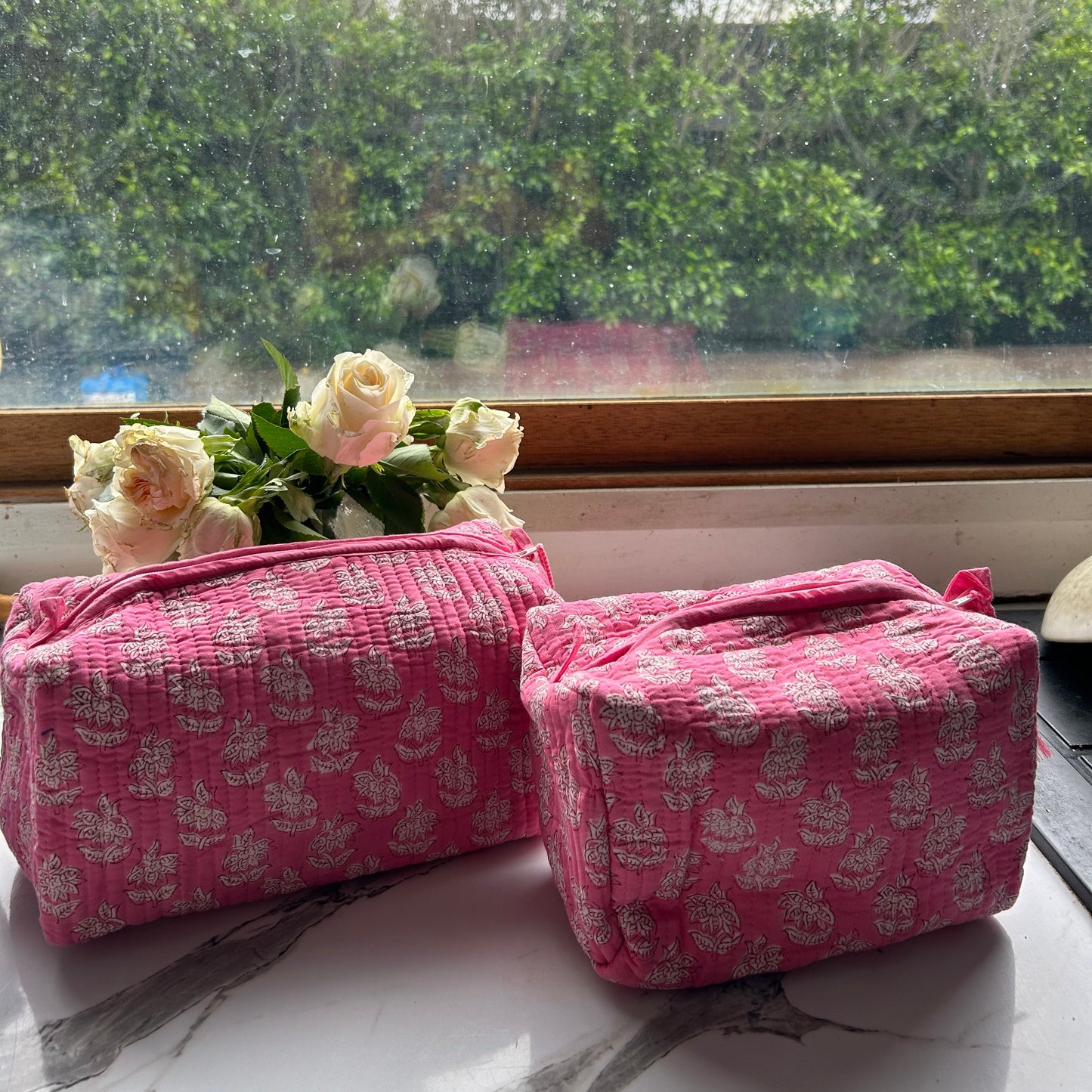 Block printed travel bags, pink stars and pink floral  ( 2 pack)