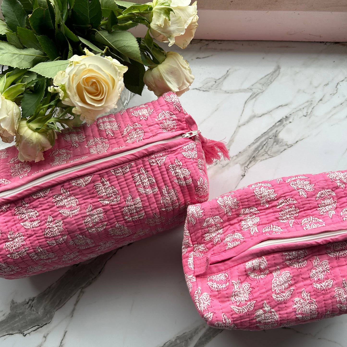 Block printed travel bags, pink stars and pink floral  ( 2 pack)