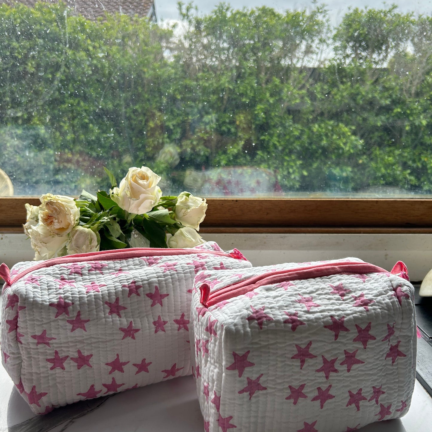 Block printed travel bags, pink stars and pink floral  ( 2 pack)