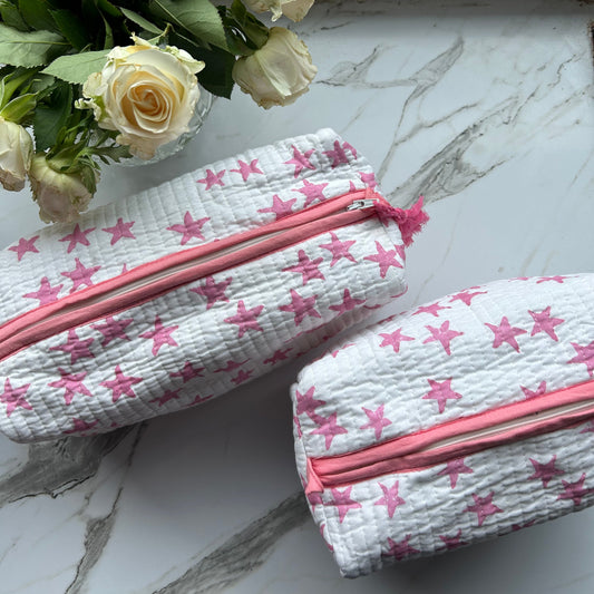 Block printed travel bags, pink stars and pink floral  ( 2 pack)
