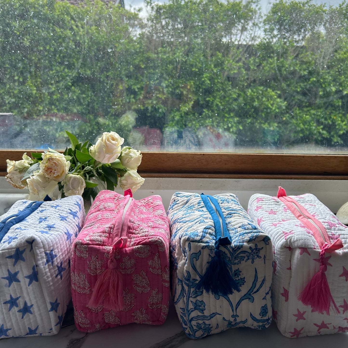 Block printed travel bags, pink stars and pink floral  ( 2 pack)