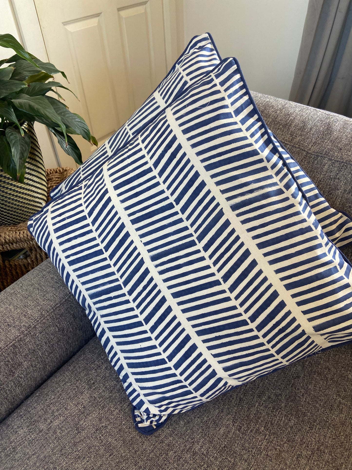 Herringbone Navy Blue Piping Cushions Covers (50X 50cm)